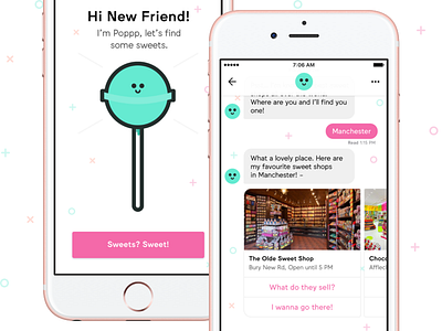 Poppp 🍭 bot cute fun happy illustrations ios messages messenger mobile sweets ui ux