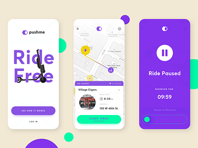 Pushme - Ride Free app battery design ios minimal mobile product scooter simple transport ui