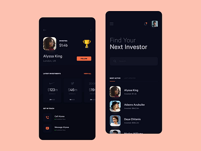 Investor Network App app bank banking dark mode design invest investment ios iphone network search social ui ux vc venture