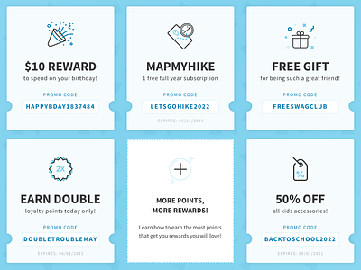 Reward Cards for Online Loyalty Program coupons design discount code retail rewardpoints rewards ticket ui web