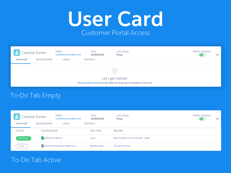 User Card summary enabled portal documents status tabs to-do user empty state card