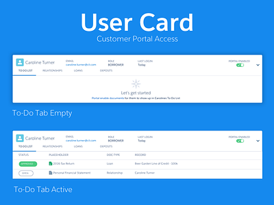 User Card card documents empty state enabled portal status summary tabs to do user