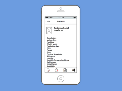 Library Catalog Title Details iOS Wireframe