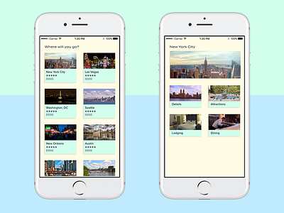 Card-based travel app app cards clean flat ios layout minimal mobile pastel simple ui ux