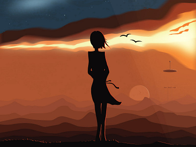 Winds Of Change galaxy girl hill landscape look planets sky sunset wind