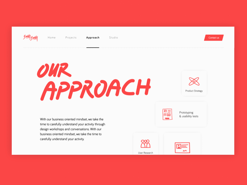 BuddyBuddy - Approach Page animation card design draw motion red ui ux white