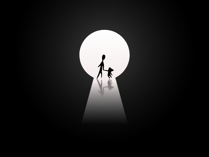 The light at the end of the keyhole light mystery door child teddybear escape room key illustration dark keyhole