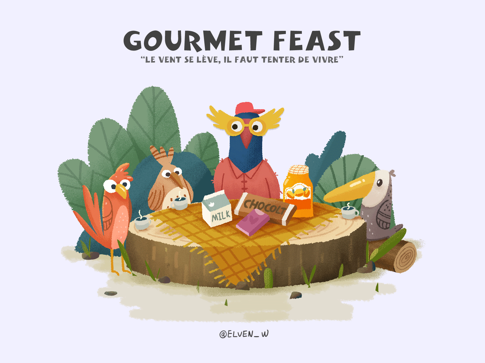 Gourmet feast bird forest illustration