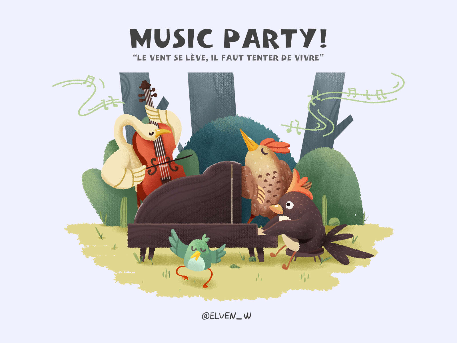 Music party bird design forest illustration
