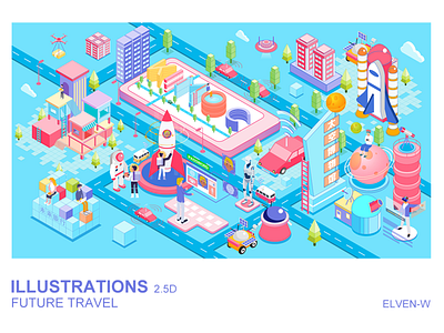 Future Travel 2.5DIllustration 2.5d illustration rocket space travel ui unmanned driving 设计