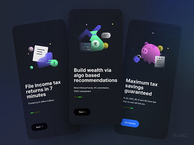 BLACK | Onboarding walkthrough animation black branding creative data graphic design illustration interaction mutual fund onboarding onboarding screen piggy savings tax tax returns tax saving ui ux vector wealth