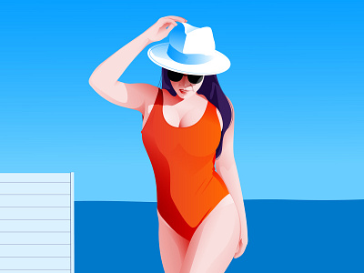 Beach bae art beach beautiful girl blue and red character creative designer illustration lady vector