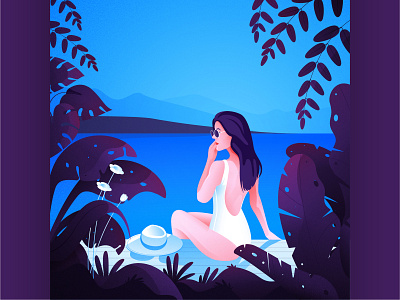 Lakeshore app art beach beautiful girl blue and red character designer drawing graphic design illustration vector