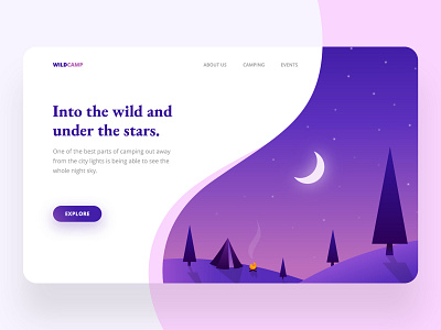 Landing page for WildCamp banner bonfire camping forest gradient illustration homepage illustration moon night pink purple stars trees wild