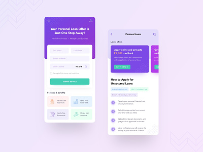Personal Loan App app bold font cards design form field gradient ui green homepage icons mobile ui offers pattern personal loan purple steps tags typography ui
