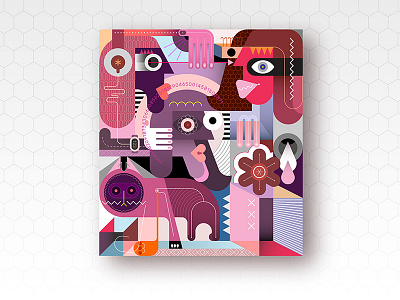 Three People And A Cat abstract art cat collage composition contemporary face geometric illustration kitty man modern people pet pink purple shape vector violet woman