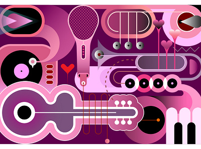 Abstract Music Background acoustic guitar background color design gramophone guitar microphone music musical musical instrument piano piano keyboard piano keys pink purple saturated saxophone shades trumpet violet