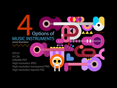 Cover for set of Music Instruments vector designs abstract art colored colors drum drum stick geometric graphic grid guitar illustration instrument music musical piano piano keyboard sax saxophone trumpet vector