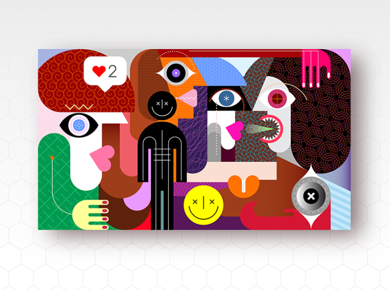 Group of People and Smiling Man Sign abstract art conversation emoji emotion emotional face facial expression fine art group illustration man meet people portrait smile smiley smiling talk woman