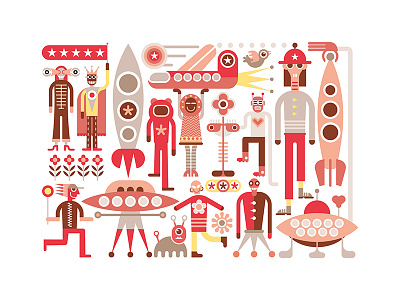 Humans And Aliens alien cartoon cheerful funny illustration rocket ufo