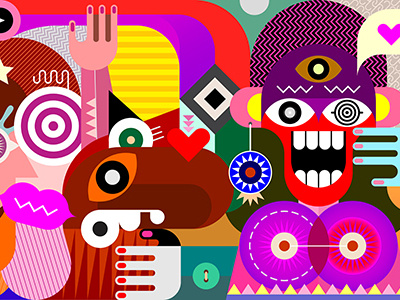 Joyful And Surprised Woman And Her Friends abstract character crazy face fine art friends group illustration joyful madness man painting people portrait surprised vector woman wondered