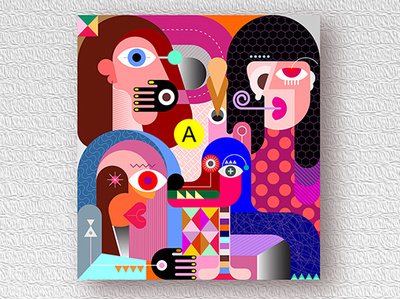 Three women and a dog abstract art character danjazzia dog face fine art group illustration man people person portrait vector women