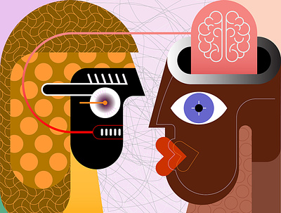 Couple Looking to Each Other art artwork brain communication confrontation consciousness conversation couple face face to face head hypnosis illustration painting people people talking telepathy tension thinking vector