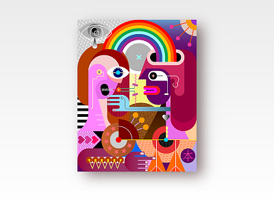 Two people under a rainbow abstract art couple face fine art graphic illustration looking man meeting minds painting people portrait rainbow surprised talking vector woman wondered