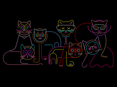 Cats animal artwork band black background cat cat face different feline gang group illustration isolated line art lines neon neon colors pet silhouette tomcat various