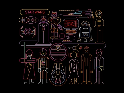 Star Wars characters c3po chewbacca darth vader darthvader death star deathstar droid han solo jedi lineart luke skywalker millennium falcon neon princess leia r2d2 rebel star wars starwars