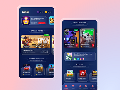 Twitch Arcade UI app design game design glassmorphism mobile app mobile design mobile ui ui uidesign ux