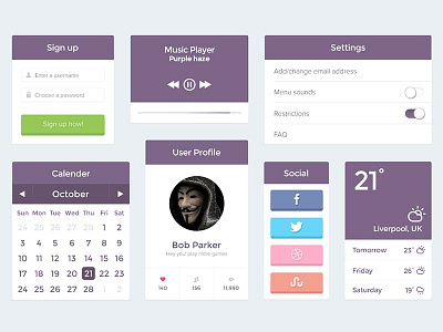 Purple UI Kit - PSD calender kit music photoshop player profile psd purple ui user