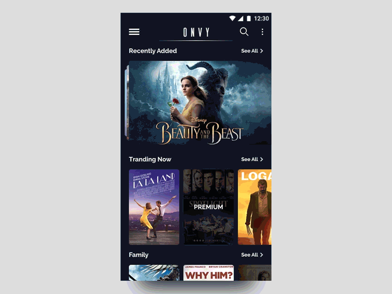 Onvy animation app clean home menu minimal movies onvy principle ux video on demand ui