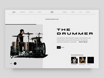 The Drummer clean drummer header landing page minimal music ui ux