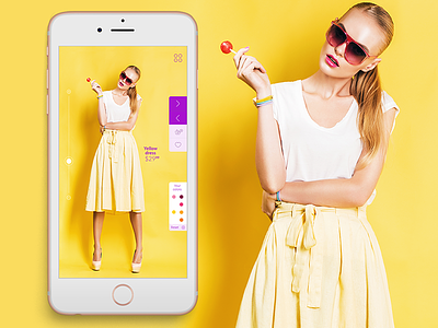 Fashion App | Product screen clothes color palette colourful dress elegant fashion purple side menu ui ux yellow zoom