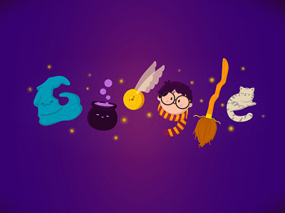 google doodle --- Harry Potter broomstick cat childrens illustration golden snitch google doodle harrypotter illustraion magic pot purple sortinghat