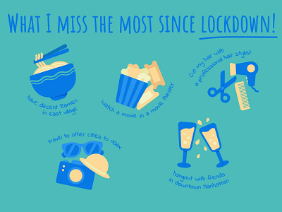 'What I miss the most since lockdown' icons drinks hairdresser icon set illustration popcorn ramen travel