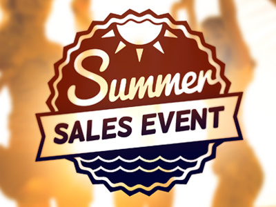 Summer Sales Event badge banner blue logo red summer sun type water