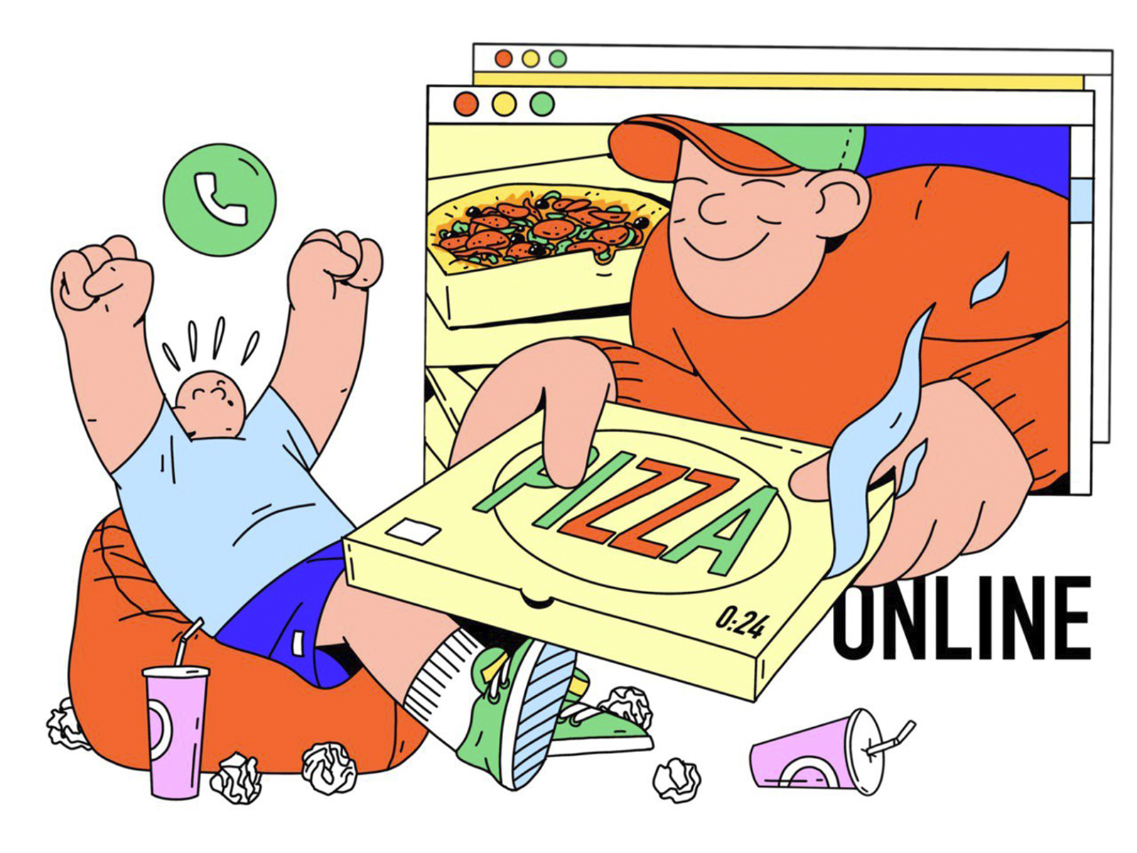 Ура! Ко мне приехала еда 2020 abstract character design delivery food illustration office online pizza procreate ukraine web website work
