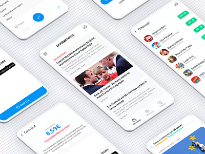 PocketNews Showcase animation article cards cash fashion games gamification isometric lifestyle mobile news app newsfeed paypal play points politics rewards sketch sports ui design