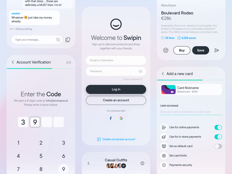 Swipin Screens app banking card chat finance fintech glassmorphism marketplace material message mobile payment product settings shopping signup social store ui design wallet