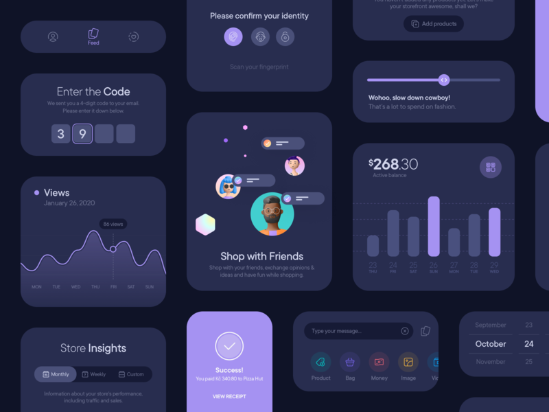 UI Components app cards charts color components dark dark mode elements fintech grid illustration mobile modal mode purple scheme shopping slider ui ux