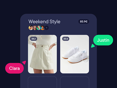 Collaborative Shopping animation app card chat collaboration dark dark mode design fashion interaction message microinteraction mobile purple shopping social title ui ux