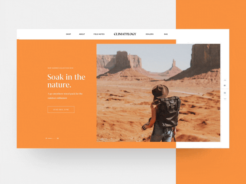 Climatology – Sneak Peek backpacks brand climatology exploration hero lookbook nature outdoor product shop slider ux ui webdesign website