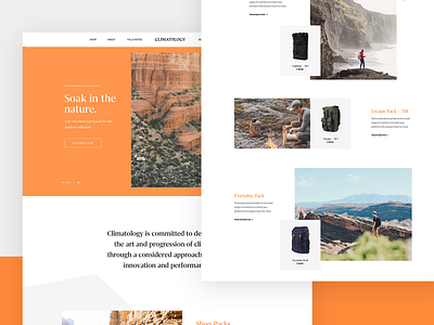 Climatology – Homepage backpacks brand climatology exploration hero lookbook nature outdoor product shop slider ux ui webdesign website