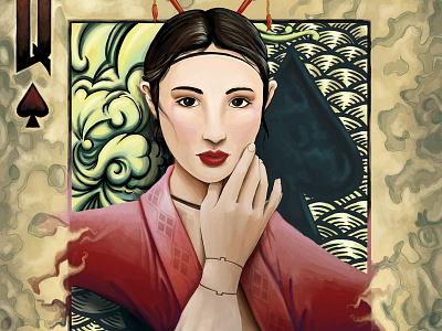 Queen of Compartmentalism asian digital illustration playing card queen