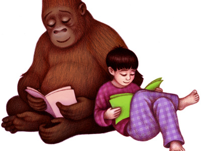 Reading pair books characters childrens books gorilla illustration pencil reading