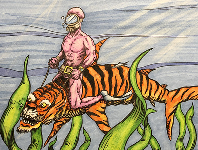 Shark tiger rider diver illustration ink markers scuba shark traditional
