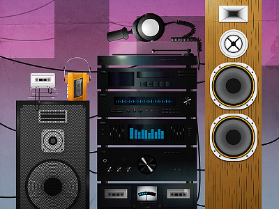 80's sound baffle cassette flat headphones hifi illustration music retrowave speakers tape vector walkman