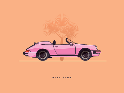 Real slow 2d 911 art car design flat illustration miami palm pink porsche simple